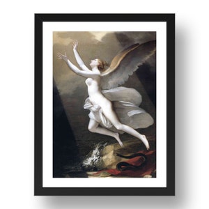 May include: A painting of a woman with wings, rising from the water. She is nude, with a white cloth draped around her waist. She is reaching up with her arms, and her wings are spread wide. The background is dark and stormy, with a ray of light shining down on the woman.