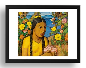 Juanita entre las flores (Juanita between the flowers) by Alfredo Ramos Martinez, 'Father of Mexican Modernism',  framed reproduction