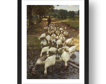 The Watersplash by Henry Herbert La Thangue, 1900, geese in a rural landscape,  framed repro