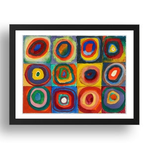 May include: A framed abstract painting featuring a grid of colorful squares. Each square contains concentric circles in various colors, including red, blue, yellow, and green. The artwork is framed in a black rectangular frame.