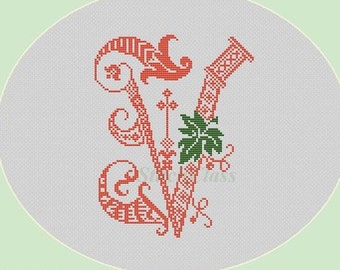 Decor monogram V with leaf Counted Cross Stitch Pattern PDF Font letter V for initial of persona crossstitch patterns V Not alphabet