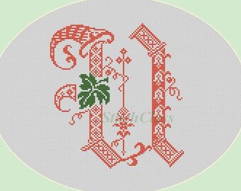 Decor monogram U with leaf Counted Cross Stitch Pattern PDF Font letter U for initial of persona crossstitch patterns U Not alphabet