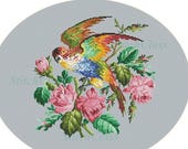 Parrot sitting on branch with roses Reconstructed according to old tapestry in style of Berlin Woolwork Counted Cross Stitch Pattern PDF
