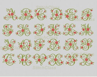 Small alphabet with flowers buds 3 cross stitch pattern PDF font.Floral letters initial font monograms rosebuds flowers cross-stitch pattern