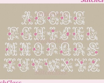 Wedding Alphabet with rose buds Cross Stitch pattern PDF.Letters A-Z for initial Floral font monograms rosebuds flowers crossstitch patterns