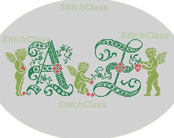 Alphabet with angels and grape cross stitch pattern PDF letters A-Z initials angell font monograms and berries crossstitch patterns xstitch.