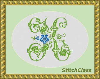 Floral monogram K with cornflowers Counted Cross Stitch Pattern PDF Letter K with wildflower font K crossstitch patterns Not alphabet