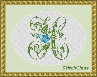 Floral monogram H with cornflowers Counted Cross Stitch Pattern PDF Letter H with wildflower font H crossstitch patterns Not alphabet