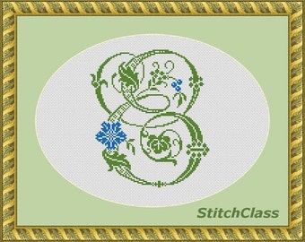Floral monogram E with cornflowers Counted Cross Stitch Pattern PDF Letter E with wildflower font E crossstitch patterns Not alphabet