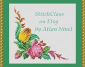 Rose and tulip floral corner with rose bud cross stitch pattern style berlin woolwork cross-stitch PDF crossstitch bouquet flowers xstitch.