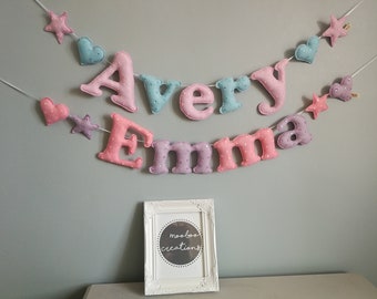 Gorgeous Name Garland With Sequins, large felt name garland, felt letters, star bunting, personalised, bunting, child's decor, made to order