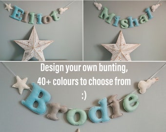 Custom name garland, baby gift, newborn nursery decoration, wall signage, name bunting, Boy Name Garland with stars, made to order in UK