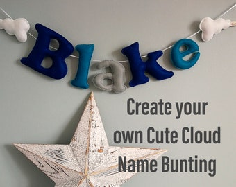 Baby boy name bunting with white clouds, nursery wall sign, newborn gift, baby gift, personalized gift, name garland, made to order in UK