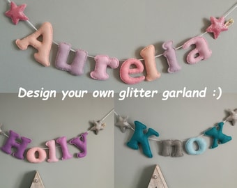 Personalised felt name bunting with glitter shapes, glitter felt, name garland, baby gift, baby decor, handmade, made in uk, custom made