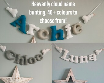 Heavenly Baby Name Garland, cloud bunting, personalised garland, bunting, signage, banner, nursery decor, baby gift, felt, handmade in UK