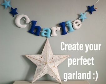 Boy Name Garland, large felt name bunting, nursery decoration, baby gift, felt, stars, personalised, bunting, child's decor, handmade