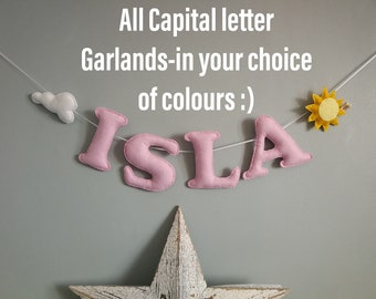 Baby name bunting, nursery decoration, all capital letters, baby gift, personalised garland, wall hanging, handmade to order in the UK