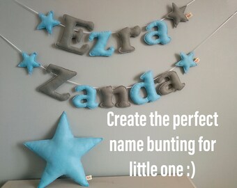 Gorgeous blue and grey personalised baby name banner, baby name garland, nursery wall art, custom handmade banner, made to order in the UK