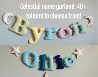 Celestrial name bunting, children's name garland, nursery wall hanging, baby gift, baby name sign, nursery decoration, made to order in UK