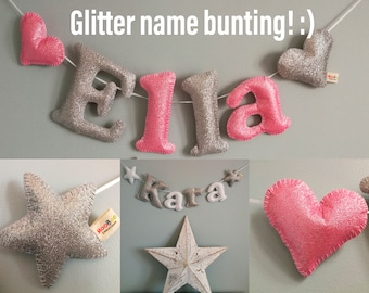 Personalised Glitter Bespoke Name Bunting, beautiful name garland, nursery decoration, baby gift, nursery decor, handmade to order in the UK