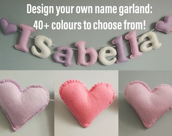 Nursery name bunting decoration, felt name garland with hearts, nursery name garland, baby gift, bunting, signage, banner, children's decor