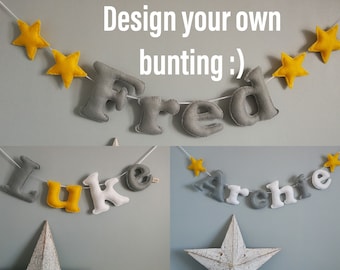 Unisex Name Garland, newborn baby bunting, grey & yellow bunting, personalised name garland, nursery bunting, signage, banner, nursery gift