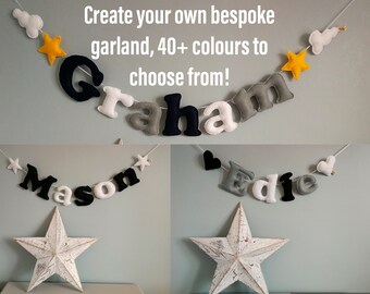 Bespoke Name Garland, nursery name garland, nursery wall sign, felt cloud garland, personalised bunting, child's decor, felt, custom made