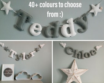 Personalised felt name bunting in your choice of colours, name garland, bunting, handmade, baby decor, nursery decoration, newborn baby gift