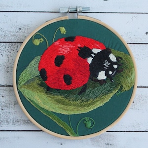 Ladybug embroidery hoop art Hand embroidered wall decor Insects embroidery
