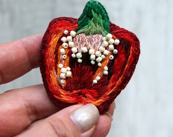 Embroidered pepper brooch Hand embroidery red green paprika pin Handmade jewelry grandma gift ideas CUSTOM