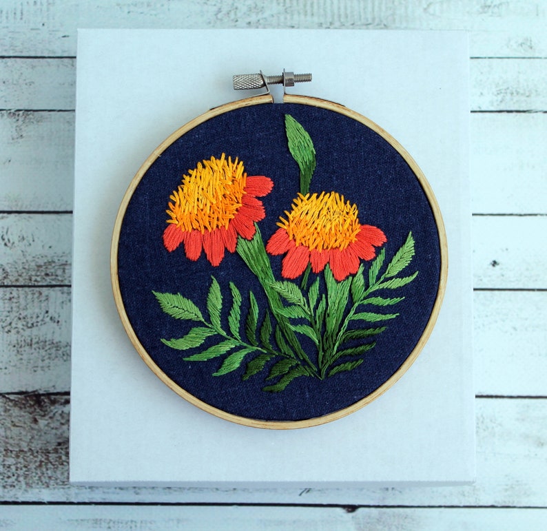 Embroidery Hoop Art Marigold Hand Embroidered Wall Decor Great Etsy