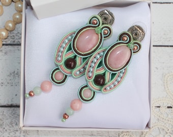 Pink mint stud soutache earrings for women Textile embroidered jewelry