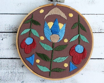 Embroidery hoop art flowers Mid century modern Wall art