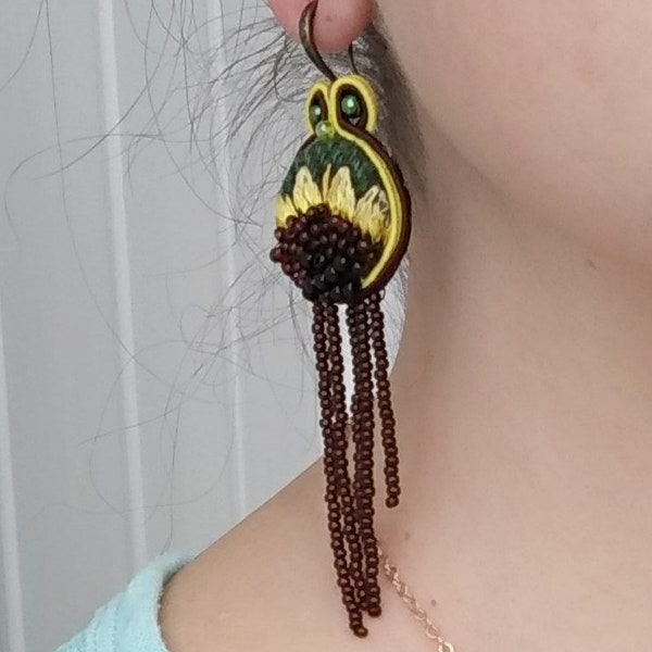 Sunflower earrings Soutache earrings Embroidered flower jewelry