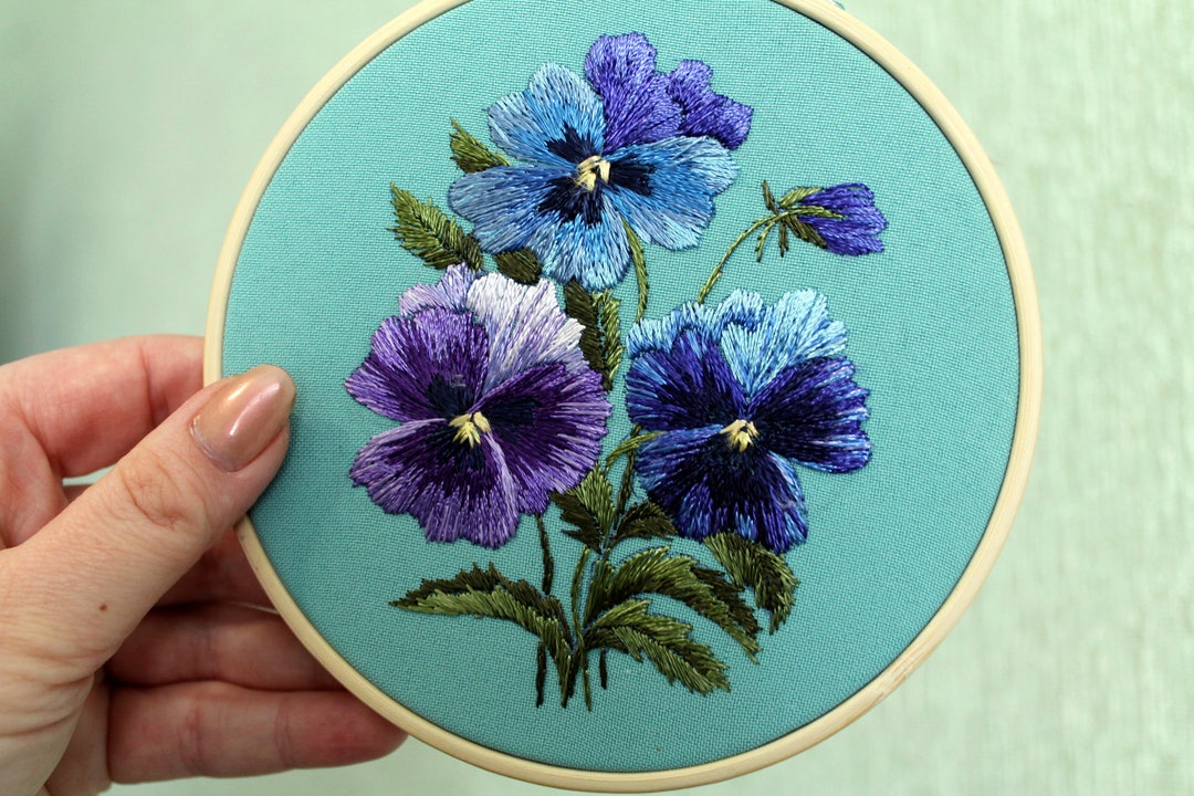 Embroidery Hoop Art Wall Decor Ultra Violet Pansies Hand Embroidered