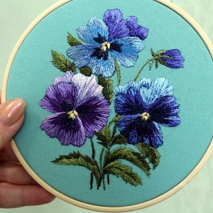 Embroidery hoop art wall decor ultra violet pansies Hand embroidered wonderful gift for women lovers flowers CUSTOM