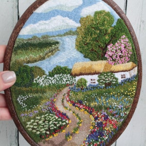 ooak Hand embroidery hoop art country house Embroidered wildflowers and river Cottagecore room decor