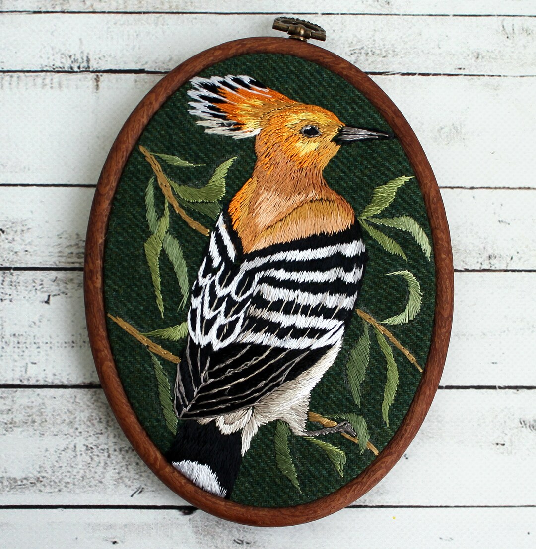Hoopoe Bird Hand Embroidered Chainstitch Cushion Cover Blue