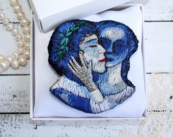 Embroidered brooch Blue lovers Embroidery portrait Mark Shagal Modern embroidery