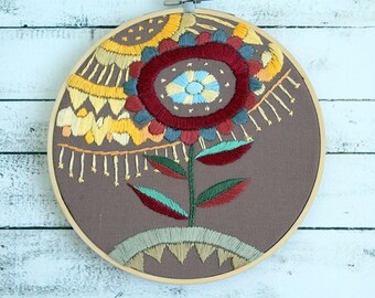 Embroidery hoop art flowers Mid century modern wall art sun CUSTOM