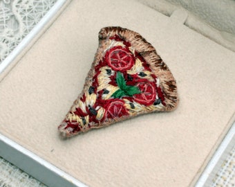 Embroidered pizza pin Hand embroidery food brooch Pizza lover gift