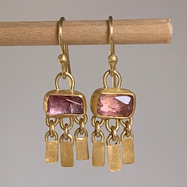 22k Gold Pink Tourmaline Earrings Artisan Gemstone Earrings