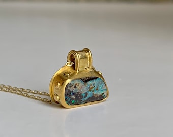 Australian Boulder Opal 22k Gold Pendant, Ancient Granulation Jewelry