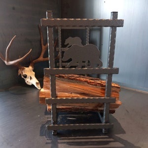 Medium Size Heavy Duty Sturdy Hammered Iron Metal Indoor Outdoor Firewood Rack Log Holder, Your Choice of Silhouette, Your Choice of Finish