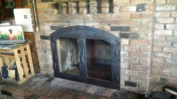 Custom Hammered Iron Fireplace Doors With Glass And Twisted Etsy