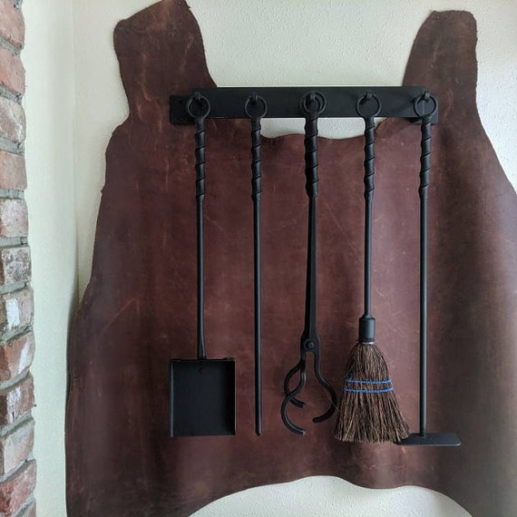 Old World Wrought Iron 6 Piece Wall Mounted Fireplace Tool Set Etsy