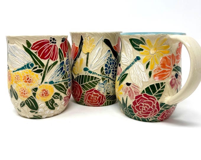 Hand Carved Dragonfly Flower Mug, Wheel Thrown Stoneware Pottery
