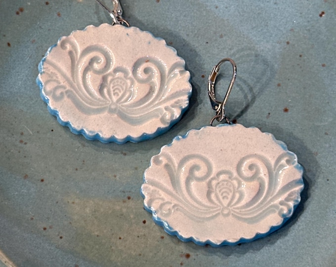 Handmade Ceramic Rosemaling Earrings, Sgraffito Carved