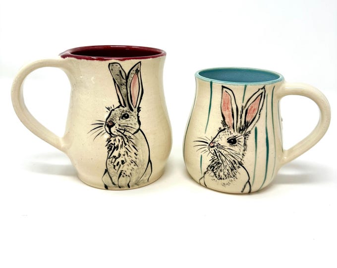 Handpainted rabbits and friends stoneware mugs and cups