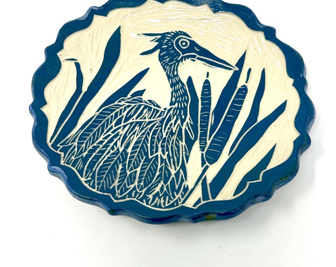 Handcarved Stoneware Bird Bowl: Loon, Hummingbird, Heron